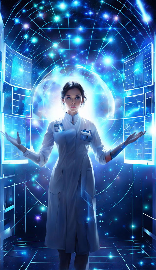 Cinematic digital art of an omniscient female doctor with eyes holding galaxies, interacting with holographic screens displaying scientific data. She stands in a setting that blends a modern hospital with a cosmic landscape.