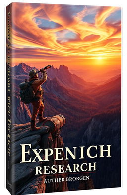 A captivating book cover depicting themes of exploration and research, featuring an adventurous scientist gazing through a telescope from the edge of a rugged cliff overlooking a vast, uncharted wilderness filled with towering mountains and dense forests