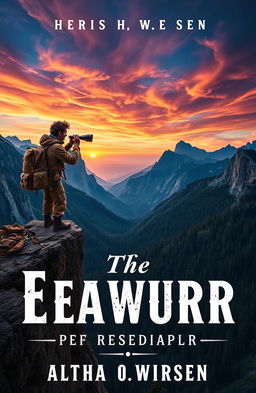 A captivating book cover depicting themes of exploration and research, featuring an adventurous scientist gazing through a telescope from the edge of a rugged cliff overlooking a vast, uncharted wilderness filled with towering mountains and dense forests