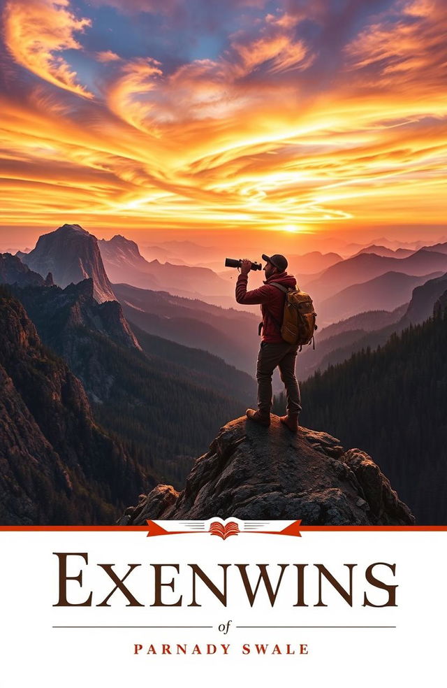 A captivating book cover depicting themes of exploration and research, featuring an adventurous scientist gazing through a telescope from the edge of a rugged cliff overlooking a vast, uncharted wilderness filled with towering mountains and dense forests