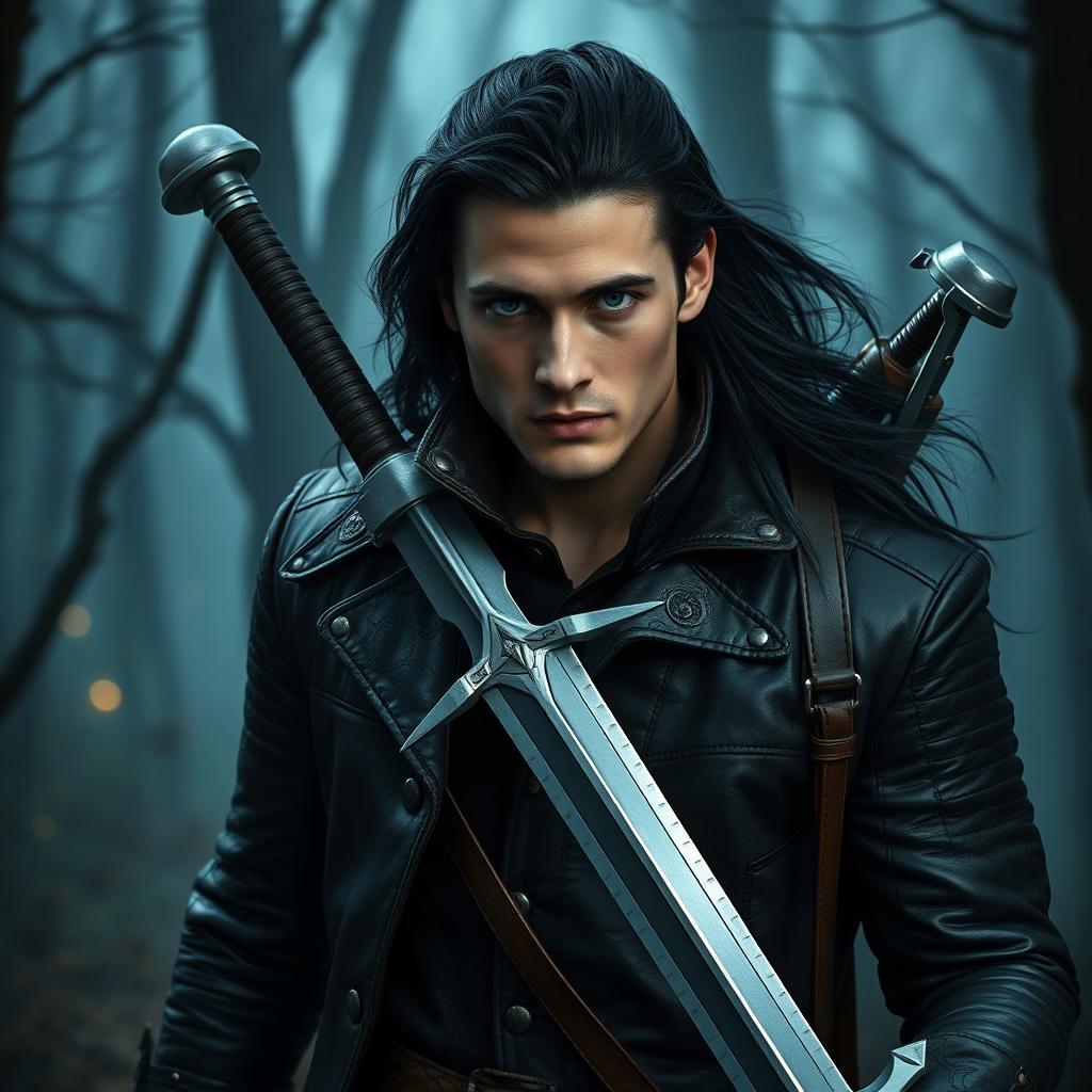 A handsome witch hunter in a dark, atmospheric forest