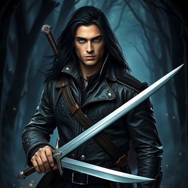 A handsome witch hunter in a dark, atmospheric forest