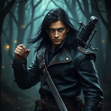 A handsome witch hunter in a dark, atmospheric forest