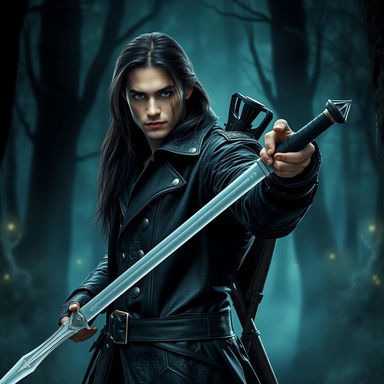 A handsome witch hunter in a dark, atmospheric forest