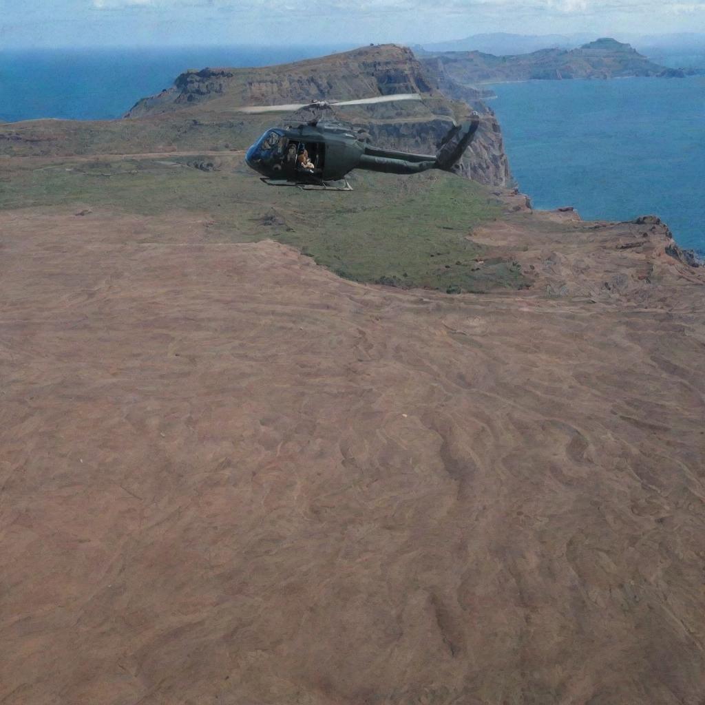 Adjust the image to show John Hammond leaving Isla Nublar in his helicopter and heading towards the Badlands, a desolate landscape filled with striated rock formations and eroded cliffs.