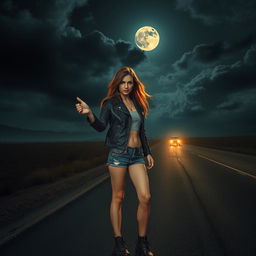 A dramatic and intense depiction of a female hitchhiker on a desolate road, themed around 'Carretera al Infierno' by Julio A