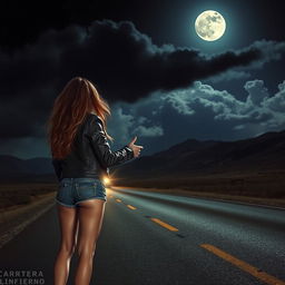 A dramatic and intense depiction of a female hitchhiker on a desolate road, themed around 'Carretera al Infierno' by Julio A