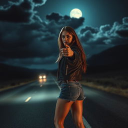 A dramatic and intense depiction of a female hitchhiker on a desolate road, themed around 'Carretera al Infierno' by Julio A
