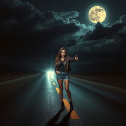 A dramatic and intense depiction of a female hitchhiker on a desolate road, themed around 'Carretera al Infierno' by Julio A