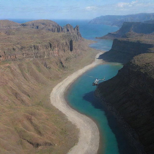 Adjust the image to show John Hammond leaving Isla Nublar in his helicopter and heading towards the Badlands, a desolate landscape filled with striated rock formations and eroded cliffs.