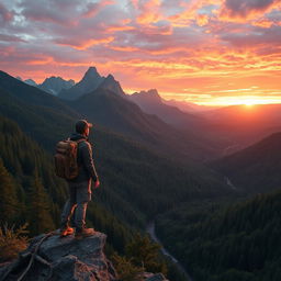 A stunning and adventurous landscape depicting a vast, uncharted territory filled with lush green forests, towering mountains in the background, and a winding river flowing through the valley