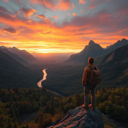 A stunning and adventurous landscape depicting a vast, uncharted territory filled with lush green forests, towering mountains in the background, and a winding river flowing through the valley