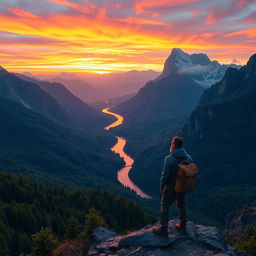 A stunning and adventurous landscape depicting a vast, uncharted territory filled with lush green forests, towering mountains in the background, and a winding river flowing through the valley