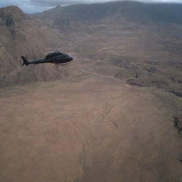 Adjust the image to show John Hammond leaving Isla Nublar in his helicopter and heading towards the Badlands, a desolate landscape filled with striated rock formations and eroded cliffs.