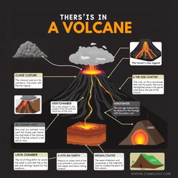 An educational infographic poster illustrating the key components of a volcano with detailed pictures and descriptions