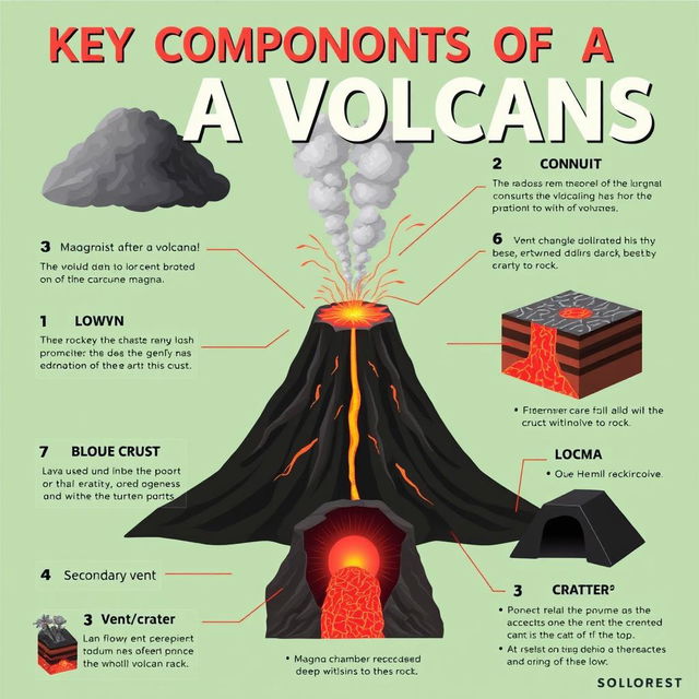 An educational infographic poster illustrating the key components of a volcano with detailed pictures and descriptions