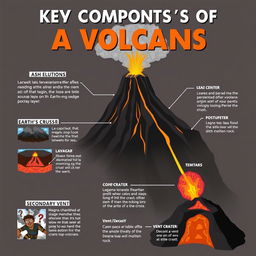 An educational infographic poster illustrating the key components of a volcano with detailed pictures and descriptions