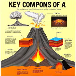 An educational infographic poster illustrating the key components of a volcano with detailed pictures and descriptions
