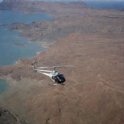 Adjust the image to show John Hammond leaving Isla Nublar in his helicopter and heading towards the Badlands, a desolate landscape filled with striated rock formations and eroded cliffs.