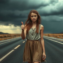 A young woman hitchhiking on a desolate road, embodying a sense of despair and determination