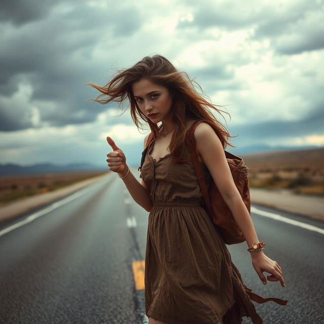 A young woman hitchhiking on a desolate road, embodying a sense of despair and determination