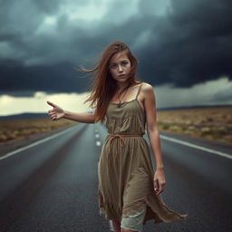 A young woman hitchhiking on a desolate road, embodying a sense of despair and determination