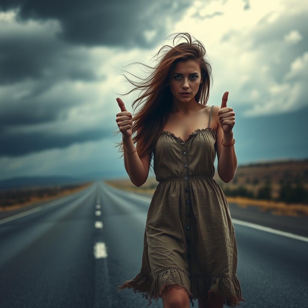 A young woman hitchhiking on a desolate road, embodying a sense of despair and determination