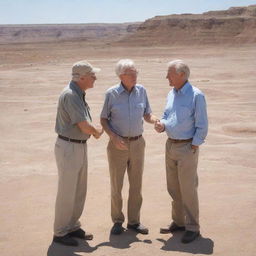 Modify the image to show John Hammond meeting the renowned paleontologist Alan Grant upon landing in the Badlands, surrounded by fossils and ancient, weathered geological shapes.