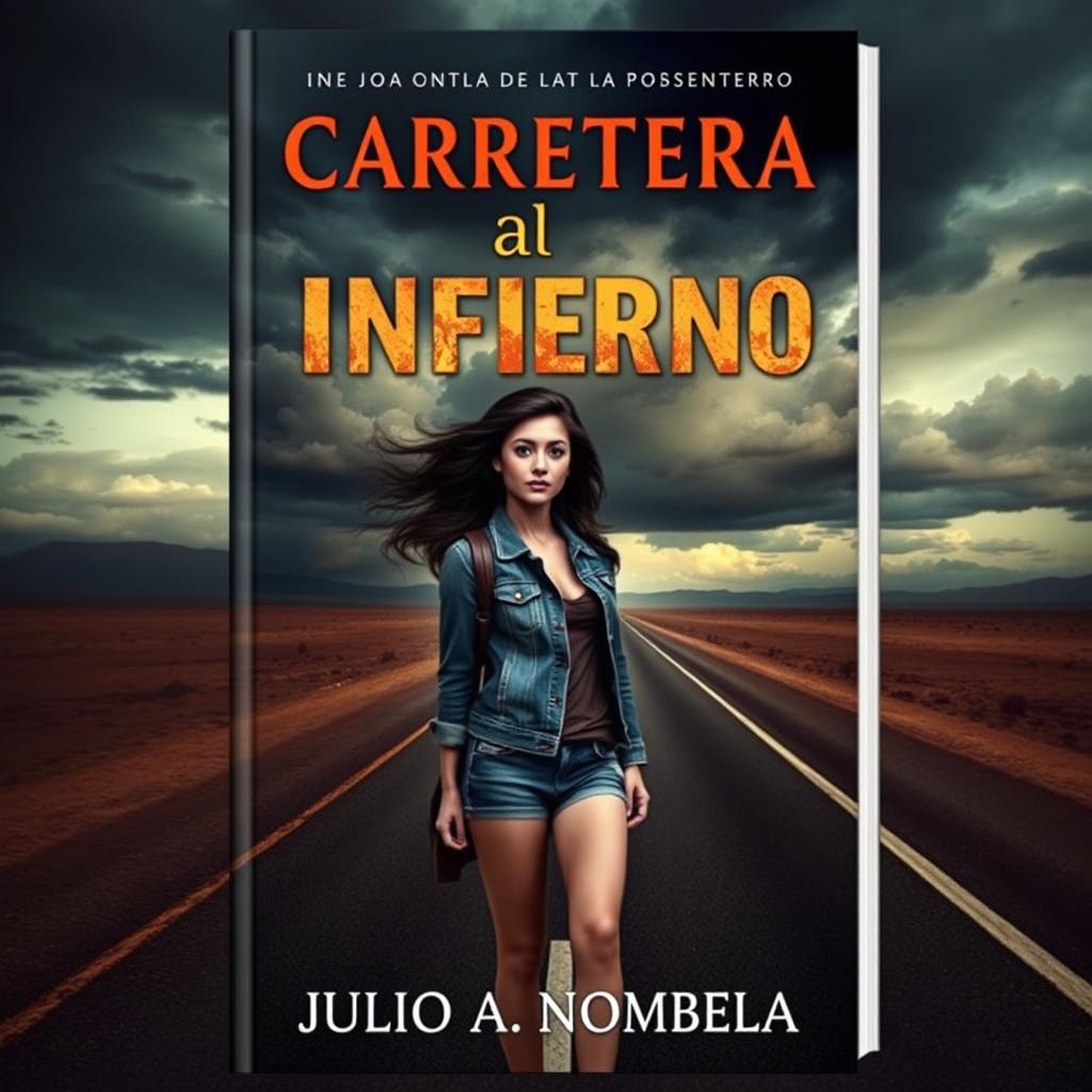 A captivating book cover featuring a young woman hitchhiking on a deserted highway