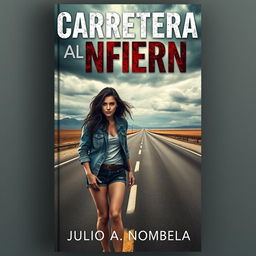 A captivating book cover featuring a young woman hitchhiking on a deserted highway