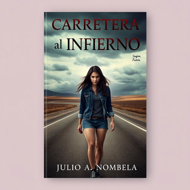 A captivating book cover featuring a young woman hitchhiking on a deserted highway