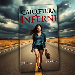 A captivating book cover featuring a young woman hitchhiking on a deserted highway