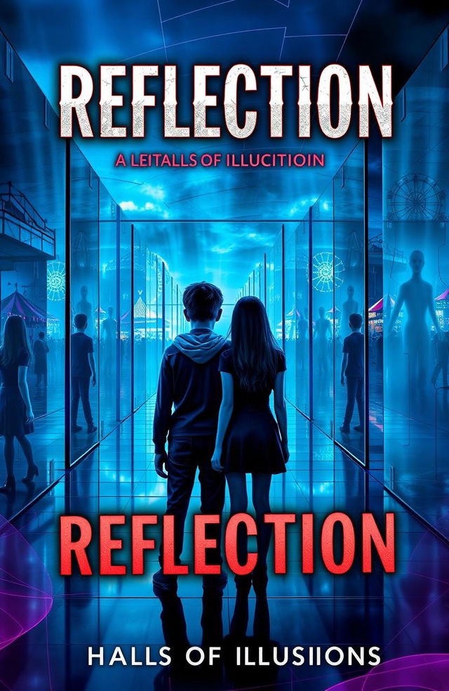 A visually striking book cover for "REFLECTION: Halls of Illusions" featuring a captivating mirror maze as the central element