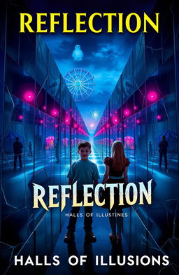 A visually striking book cover for "REFLECTION: Halls of Illusions" featuring a captivating mirror maze as the central element