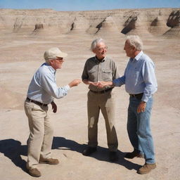 Modify the image to show John Hammond meeting the renowned paleontologist Alan Grant upon landing in the Badlands, surrounded by fossils and ancient, weathered geological shapes.