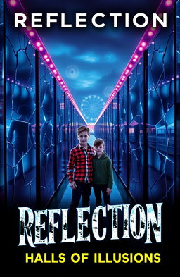 A visually striking book cover for "REFLECTION: Halls of Illusions" featuring a captivating mirror maze as the central element