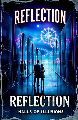 A visually striking book cover for "REFLECTION: Halls of Illusions" featuring a captivating mirror maze as the central element