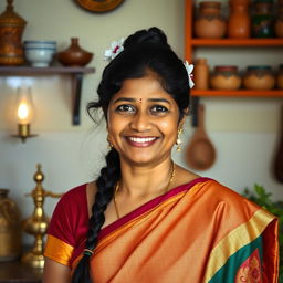 A South Indian woman, characterized by traditional attire such as a vibrant saree in rich colors like maroon and gold, adorned with intricate patterns