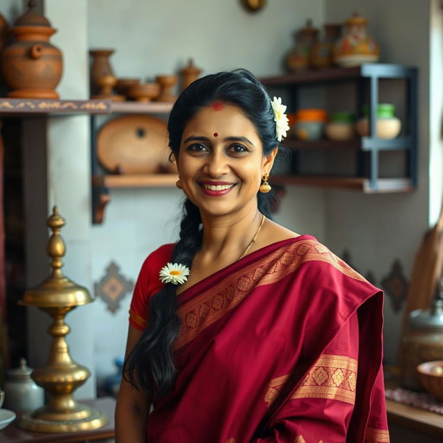 A South Indian woman, characterized by traditional attire such as a vibrant saree in rich colors like maroon and gold, adorned with intricate patterns