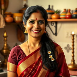 A South Indian woman, characterized by traditional attire such as a vibrant saree in rich colors like maroon and gold, adorned with intricate patterns