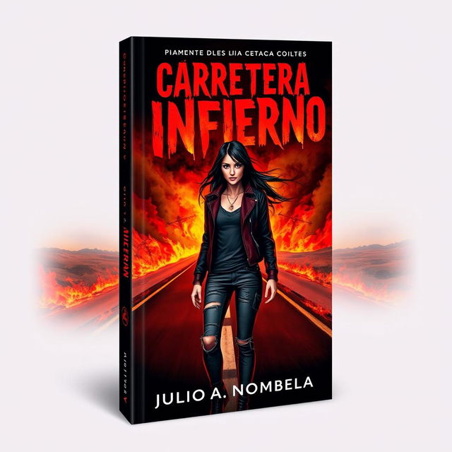 A striking book cover featuring a young woman hitchhiking on a desolate highway, surrounded by flames and symbolic imagery associated with cults