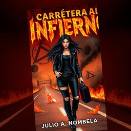 A striking book cover featuring a young woman hitchhiking on a desolate highway, surrounded by flames and symbolic imagery associated with cults