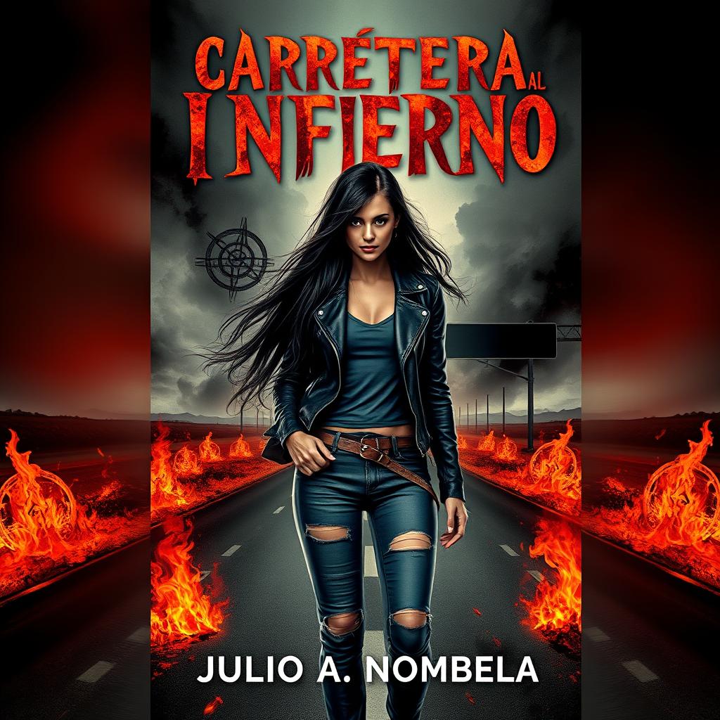 A striking book cover featuring a young woman hitchhiking on a desolate highway, surrounded by flames and symbolic imagery associated with cults