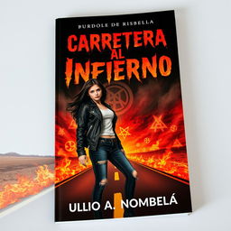 A striking book cover featuring a young woman hitchhiking on a desolate highway, surrounded by flames and symbolic imagery associated with cults