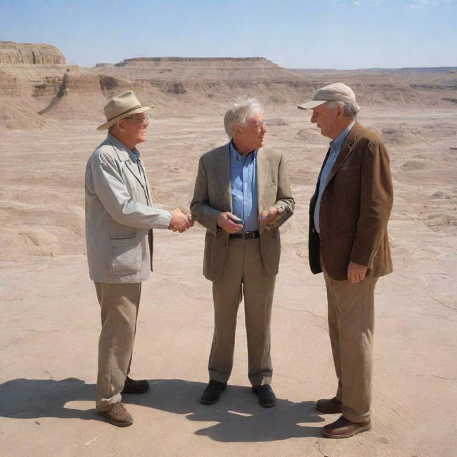 Modify the image to show John Hammond meeting the renowned paleontologist Alan Grant upon landing in the Badlands, surrounded by fossils and ancient, weathered geological shapes.