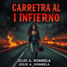 A chilling book cover for a horror novel featuring a young woman hitchhiking on a dark, deserted highway