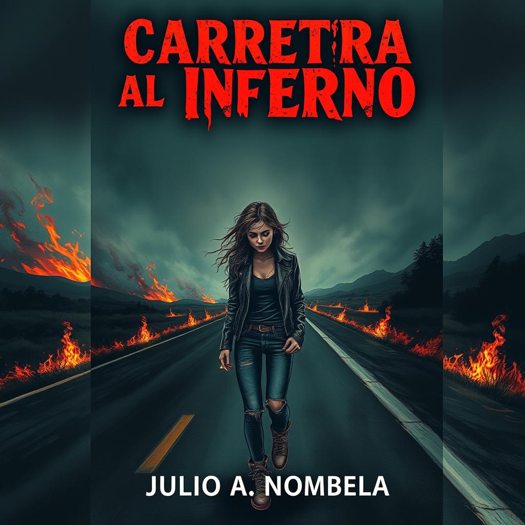 A chilling book cover for a horror novel featuring a young woman hitchhiking on a dark, deserted highway