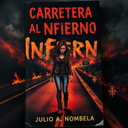 A chilling book cover for a horror novel featuring a young woman hitchhiking on a dark, deserted highway