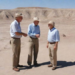 Modify the image to show John Hammond meeting the renowned paleontologist Alan Grant upon landing in the Badlands, surrounded by fossils and ancient, weathered geological shapes.