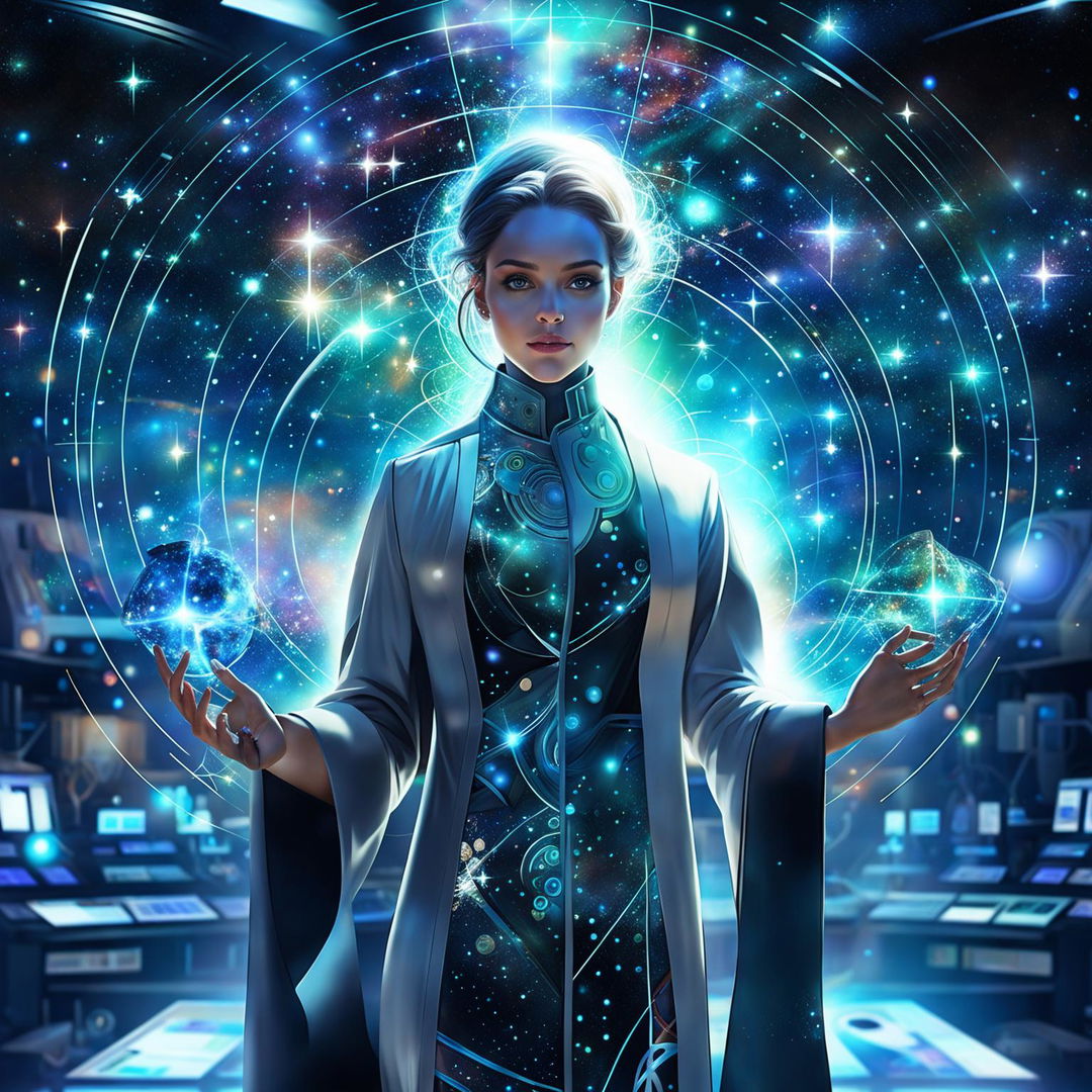 Cinematic digital art of a godlike female doctor with eyes holding galaxies, interacting with holographic screens displaying scientific data in a modern hospital blended with a cosmic landscape.